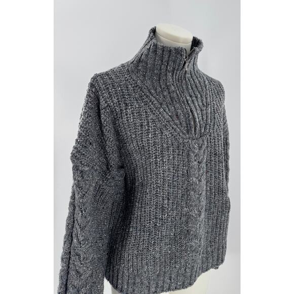 PrAna Womens Gray Cableknit Sweater Wool Blend Mock Neck 1/4 Zip M Cabincore - Picture 2 of 11